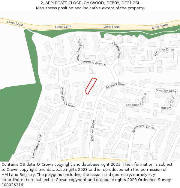 2, APPLEGATE CLOSE, OAKWOOD, DERBY, DE21 2SL: Location map and indicative extent of plot