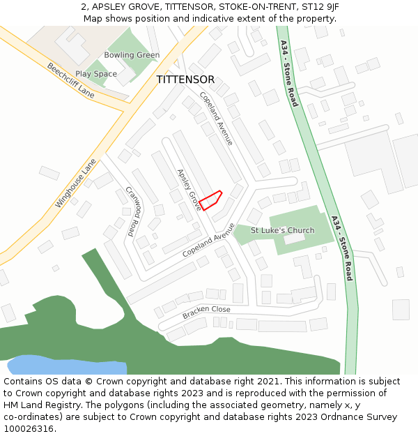 2, APSLEY GROVE, TITTENSOR, STOKE-ON-TRENT, ST12 9JF: Location map and indicative extent of plot