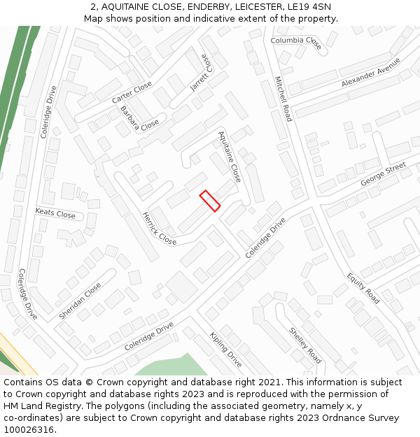 2, AQUITAINE CLOSE, ENDERBY, LEICESTER, LE19 4SN: Location map and indicative extent of plot