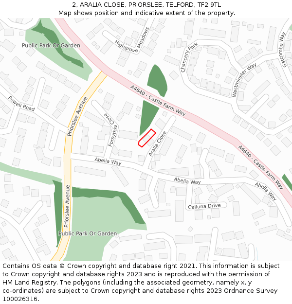 2, ARALIA CLOSE, PRIORSLEE, TELFORD, TF2 9TL: Location map and indicative extent of plot