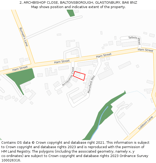 2, ARCHBISHOP CLOSE, BALTONSBOROUGH, GLASTONBURY, BA6 8NZ: Location map and indicative extent of plot