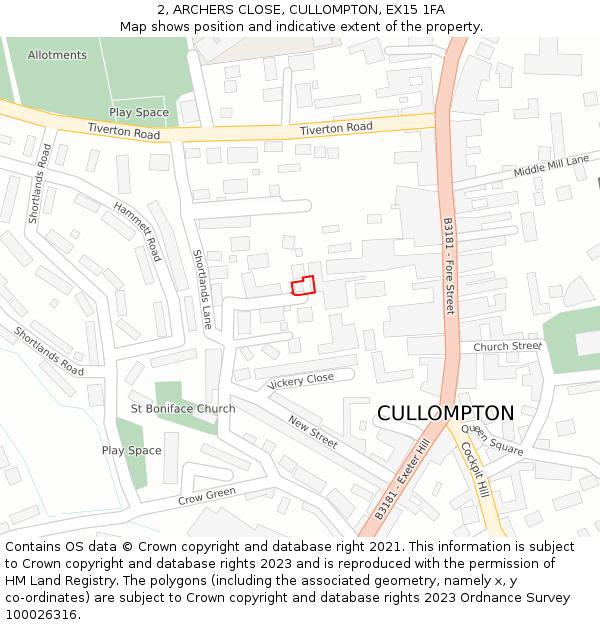 2, ARCHERS CLOSE, CULLOMPTON, EX15 1FA: Location map and indicative extent of plot
