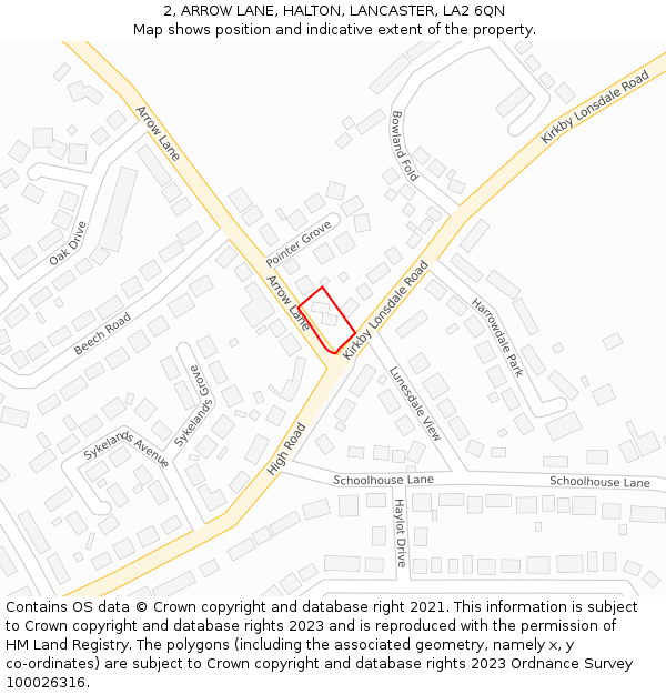 2, ARROW LANE, HALTON, LANCASTER, LA2 6QN: Location map and indicative extent of plot