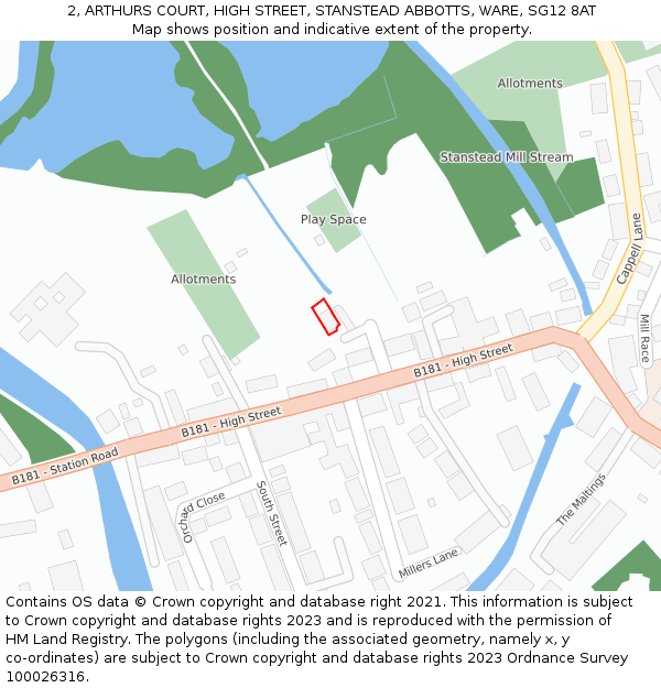 2, ARTHURS COURT, HIGH STREET, STANSTEAD ABBOTTS, WARE, SG12 8AT: Location map and indicative extent of plot