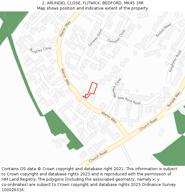 2, ARUNDEL CLOSE, FLITWICK, BEDFORD, MK45 1RR: Location map and indicative extent of plot