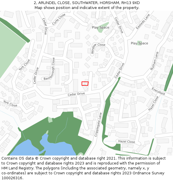 2, ARUNDEL CLOSE, SOUTHWATER, HORSHAM, RH13 9XD: Location map and indicative extent of plot