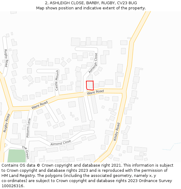 2, ASHLEIGH CLOSE, BARBY, RUGBY, CV23 8UG: Location map and indicative extent of plot