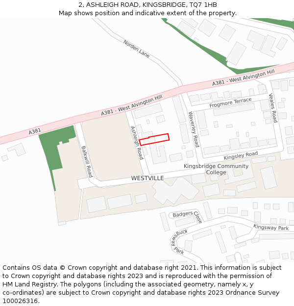 2, ASHLEIGH ROAD, KINGSBRIDGE, TQ7 1HB: Location map and indicative extent of plot