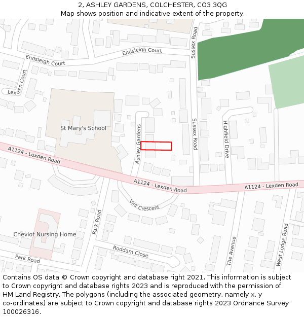 2, ASHLEY GARDENS, COLCHESTER, CO3 3QG: Location map and indicative extent of plot