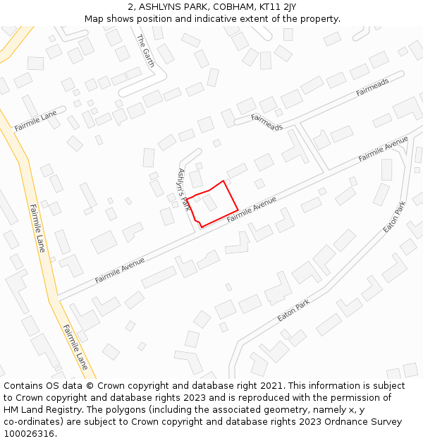 2, ASHLYNS PARK, COBHAM, KT11 2JY: Location map and indicative extent of plot