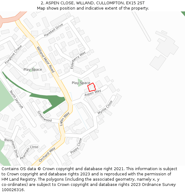 2, ASPEN CLOSE, WILLAND, CULLOMPTON, EX15 2ST: Location map and indicative extent of plot