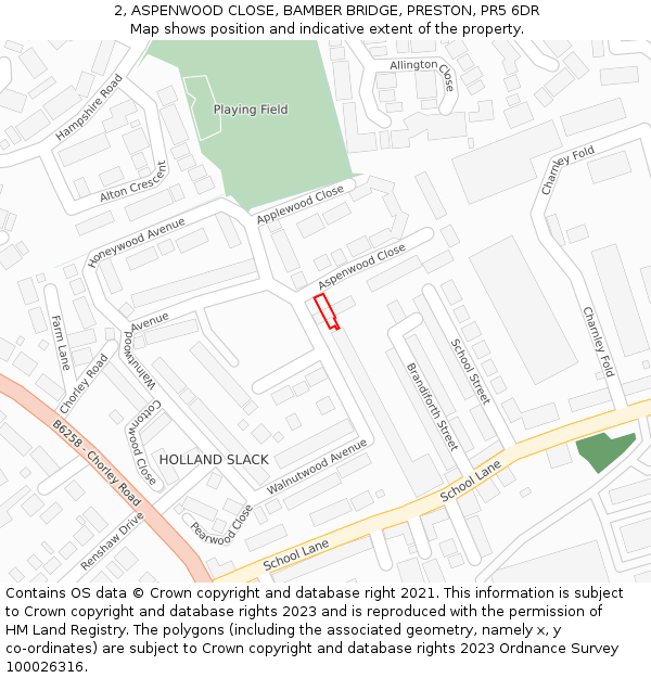 2, ASPENWOOD CLOSE, BAMBER BRIDGE, PRESTON, PR5 6DR: Location map and indicative extent of plot