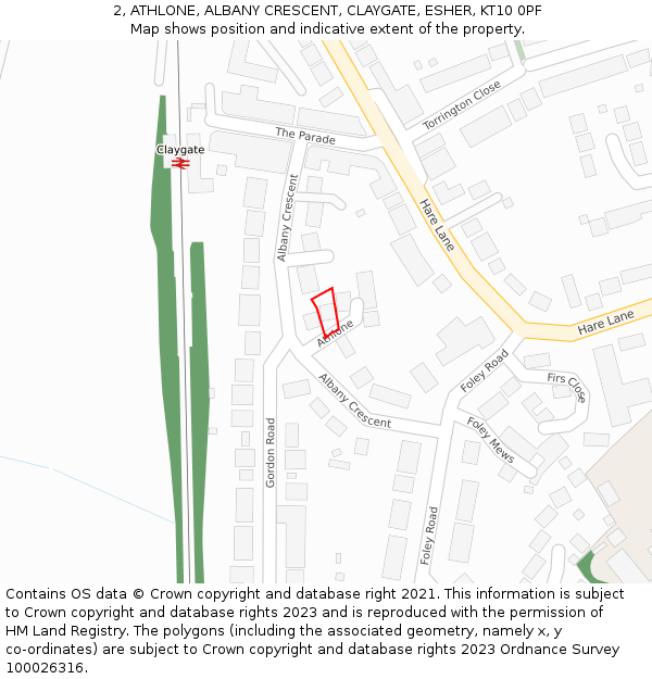 2, ATHLONE, ALBANY CRESCENT, CLAYGATE, ESHER, KT10 0PF: Location map and indicative extent of plot