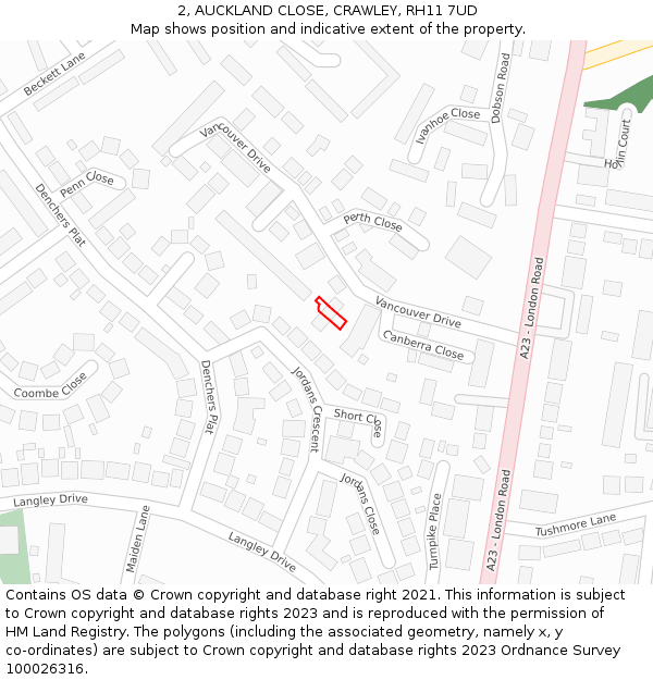 2, AUCKLAND CLOSE, CRAWLEY, RH11 7UD: Location map and indicative extent of plot