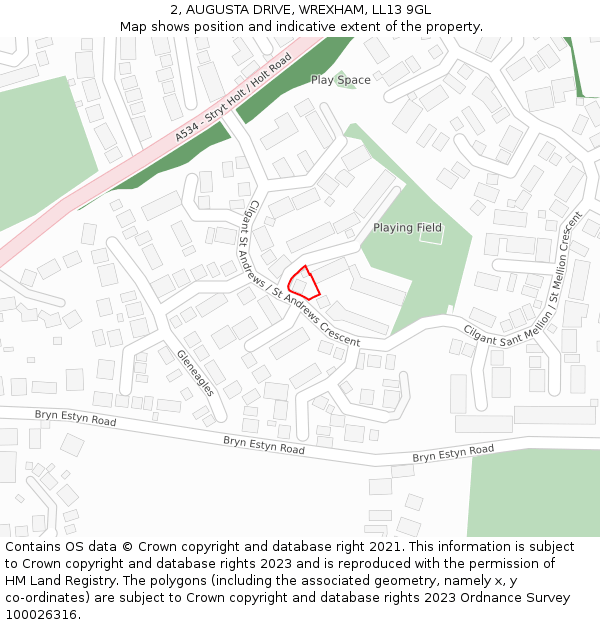 2, AUGUSTA DRIVE, WREXHAM, LL13 9GL: Location map and indicative extent of plot