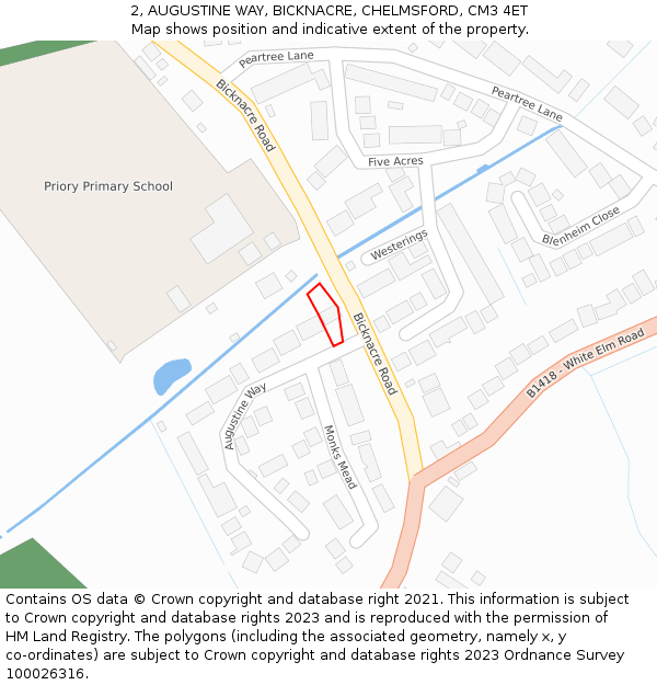 2, AUGUSTINE WAY, BICKNACRE, CHELMSFORD, CM3 4ET: Location map and indicative extent of plot