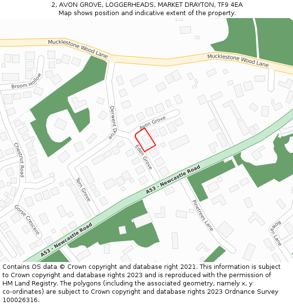 2, AVON GROVE, LOGGERHEADS, MARKET DRAYTON, TF9 4EA: Location map and indicative extent of plot