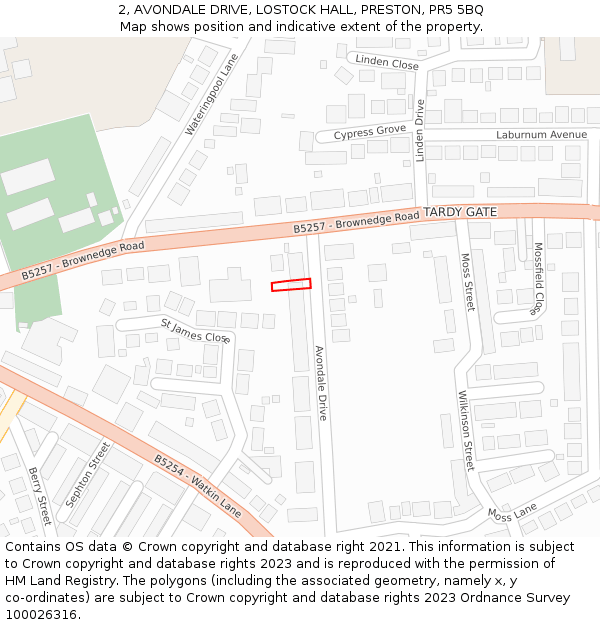 2, AVONDALE DRIVE, LOSTOCK HALL, PRESTON, PR5 5BQ: Location map and indicative extent of plot