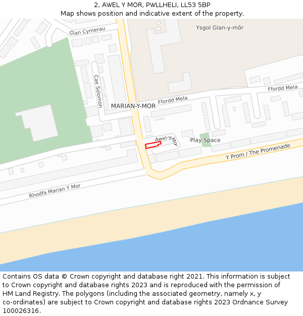 2, AWEL Y MOR, PWLLHELI, LL53 5BP: Location map and indicative extent of plot
