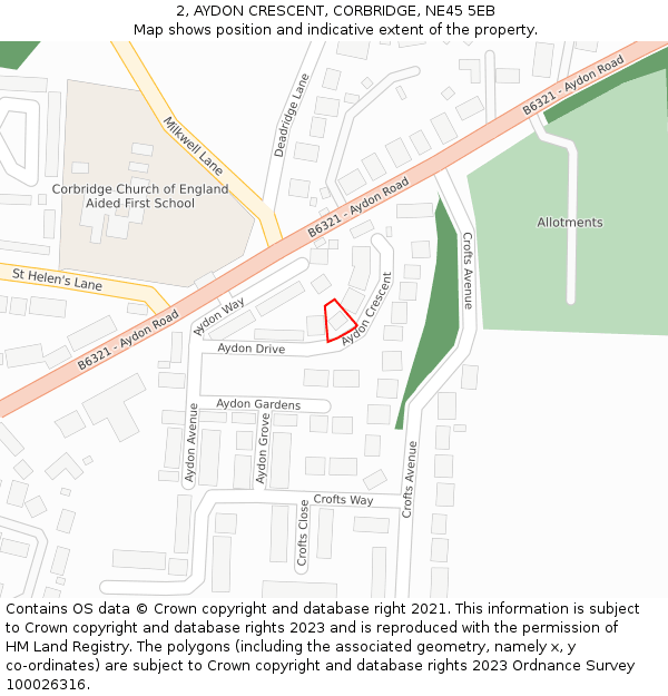 2, AYDON CRESCENT, CORBRIDGE, NE45 5EB: Location map and indicative extent of plot