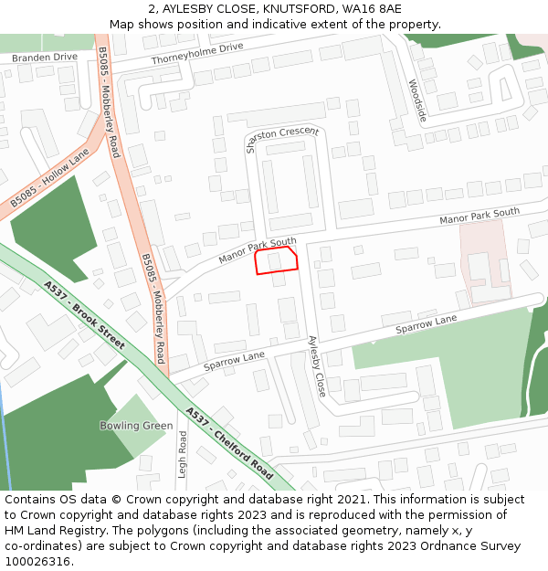 2, AYLESBY CLOSE, KNUTSFORD, WA16 8AE: Location map and indicative extent of plot