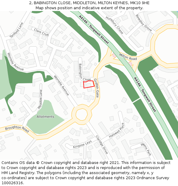 2, BABINGTON CLOSE, MIDDLETON, MILTON KEYNES, MK10 9HE: Location map and indicative extent of plot