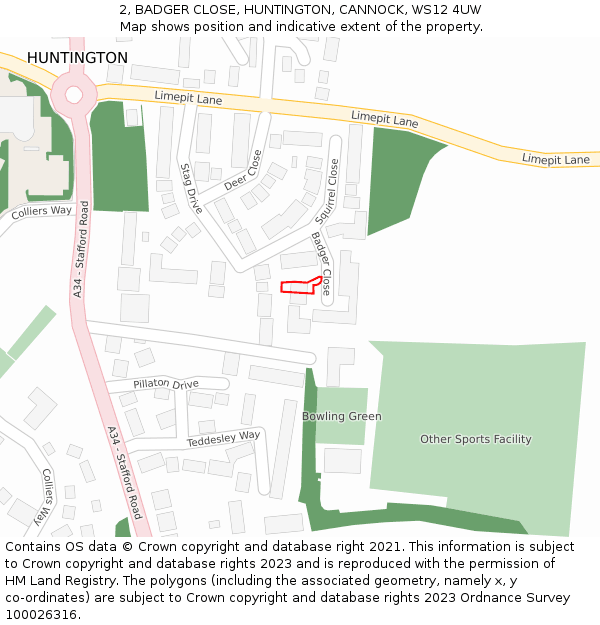 2, BADGER CLOSE, HUNTINGTON, CANNOCK, WS12 4UW: Location map and indicative extent of plot