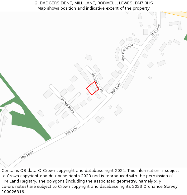 2, BADGERS DENE, MILL LANE, RODMELL, LEWES, BN7 3HS: Location map and indicative extent of plot