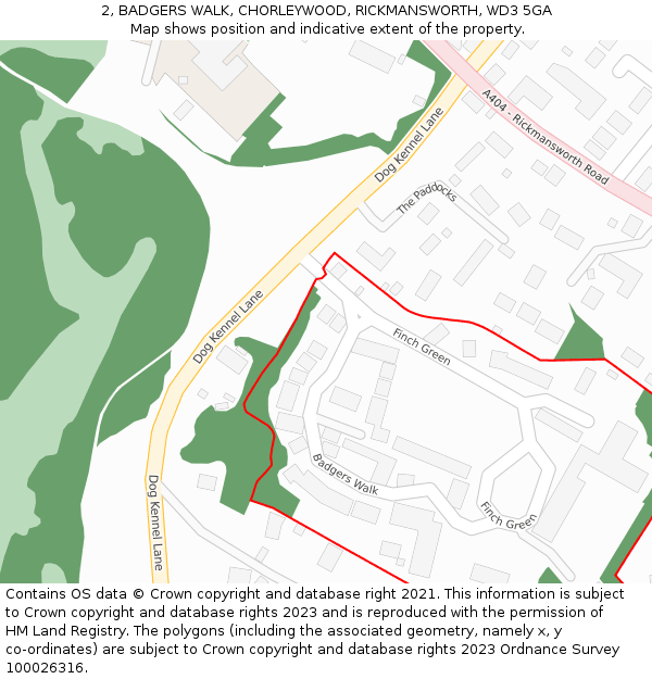 2, BADGERS WALK, CHORLEYWOOD, RICKMANSWORTH, WD3 5GA: Location map and indicative extent of plot