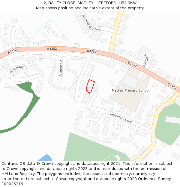 2, BAILEY CLOSE, MADLEY, HEREFORD, HR2 9NW: Location map and indicative extent of plot