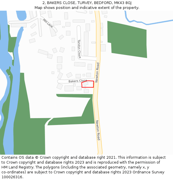 2, BAKERS CLOSE, TURVEY, BEDFORD, MK43 8GJ: Location map and indicative extent of plot