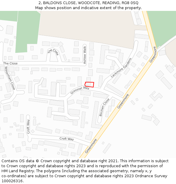 2, BALDONS CLOSE, WOODCOTE, READING, RG8 0SQ: Location map and indicative extent of plot