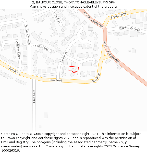 2, BALFOUR CLOSE, THORNTON-CLEVELEYS, FY5 5PH: Location map and indicative extent of plot