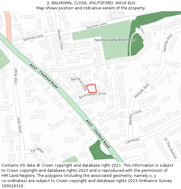 2, BALMORAL CLOSE, KNUTSFORD, WA16 8LN: Location map and indicative extent of plot