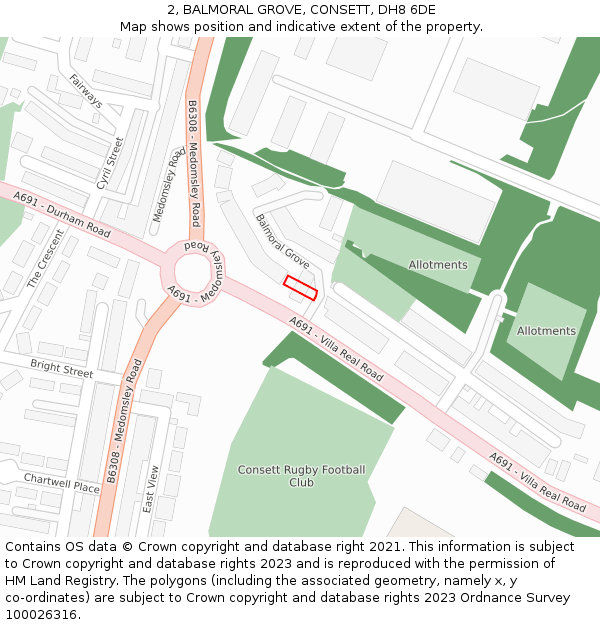 2, BALMORAL GROVE, CONSETT, DH8 6DE: Location map and indicative extent of plot