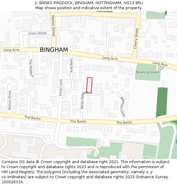 2, BANKS PADDOCK, BINGHAM, NOTTINGHAM, NG13 8RU: Location map and indicative extent of plot