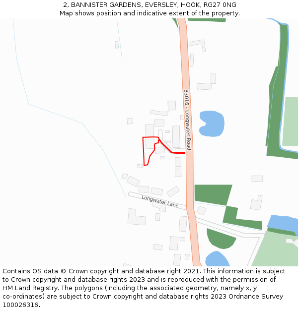 2, BANNISTER GARDENS, EVERSLEY, HOOK, RG27 0NG: Location map and indicative extent of plot
