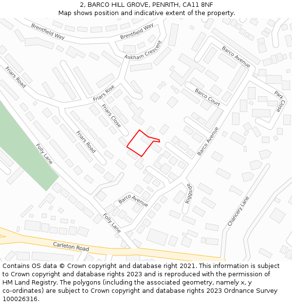 2, BARCO HILL GROVE, PENRITH, CA11 8NF: Location map and indicative extent of plot