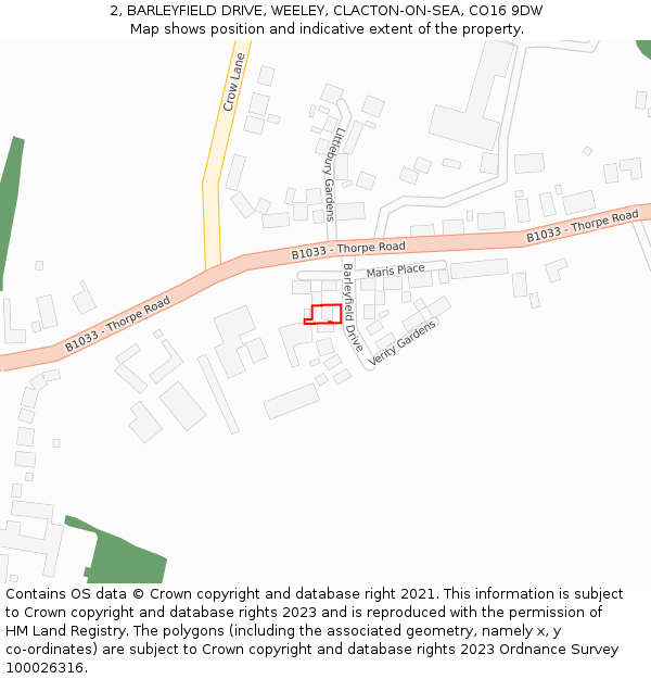 2, BARLEYFIELD DRIVE, WEELEY, CLACTON-ON-SEA, CO16 9DW: Location map and indicative extent of plot