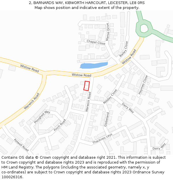 2, BARNARDS WAY, KIBWORTH HARCOURT, LEICESTER, LE8 0RS: Location map and indicative extent of plot