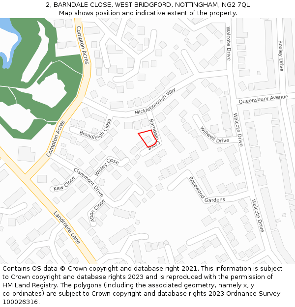 2, BARNDALE CLOSE, WEST BRIDGFORD, NOTTINGHAM, NG2 7QL: Location map and indicative extent of plot