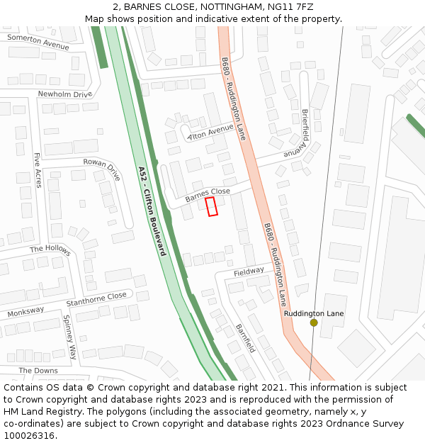 2, BARNES CLOSE, NOTTINGHAM, NG11 7FZ: Location map and indicative extent of plot