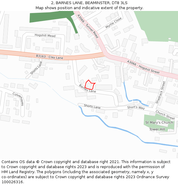 2, BARNES LANE, BEAMINSTER, DT8 3LS: Location map and indicative extent of plot