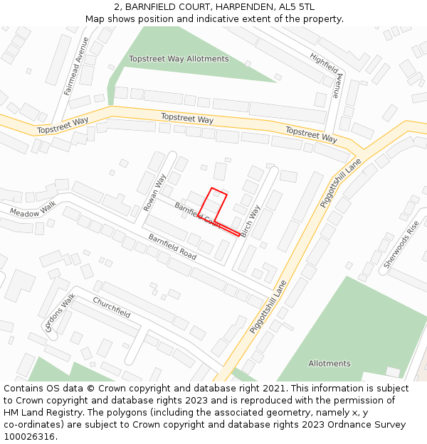 2, BARNFIELD COURT, HARPENDEN, AL5 5TL: Location map and indicative extent of plot