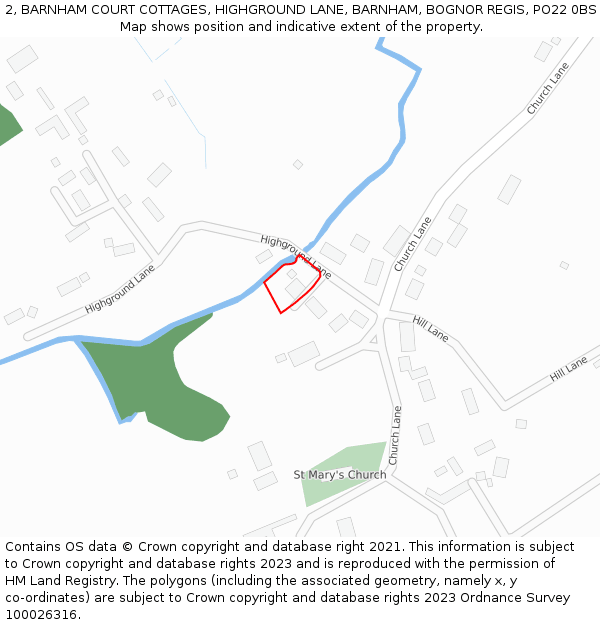 2, BARNHAM COURT COTTAGES, HIGHGROUND LANE, BARNHAM, BOGNOR REGIS, PO22 0BS: Location map and indicative extent of plot