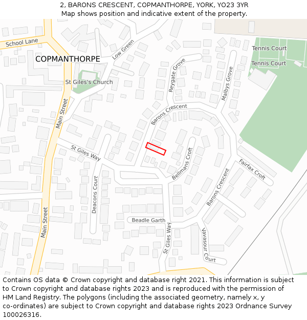 2, BARONS CRESCENT, COPMANTHORPE, YORK, YO23 3YR: Location map and indicative extent of plot