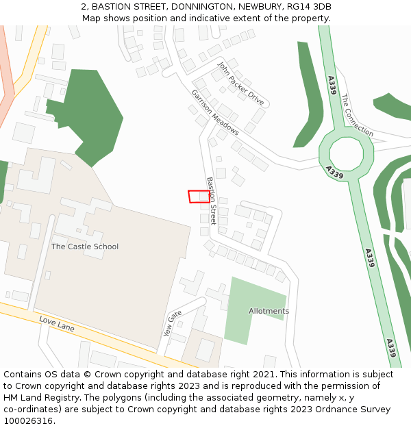 2, BASTION STREET, DONNINGTON, NEWBURY, RG14 3DB: Location map and indicative extent of plot
