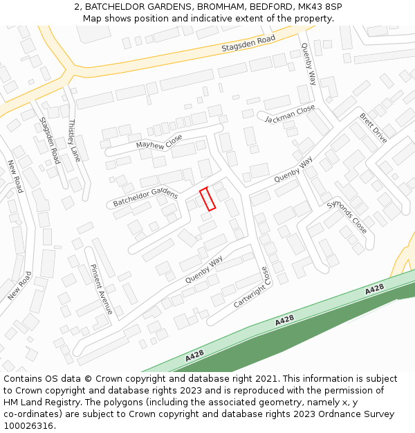 2, BATCHELDOR GARDENS, BROMHAM, BEDFORD, MK43 8SP: Location map and indicative extent of plot
