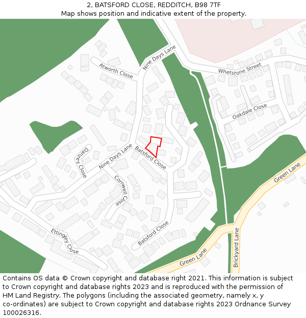 2, BATSFORD CLOSE, REDDITCH, B98 7TF: Location map and indicative extent of plot