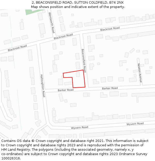 2, BEACONSFIELD ROAD, SUTTON COLDFIELD, B74 2NX: Location map and indicative extent of plot